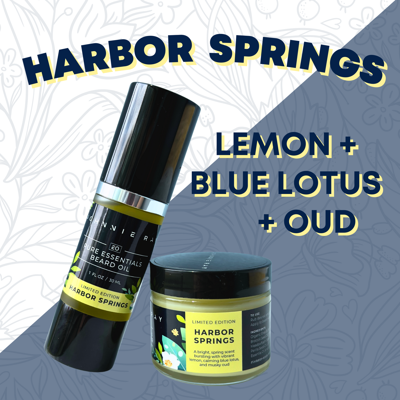 Jar of Johnnie Ray Beard Butter in Harbor Springs scent and bottle of Harbor Springs Beard Oil with a black label with yellow and green floral accents