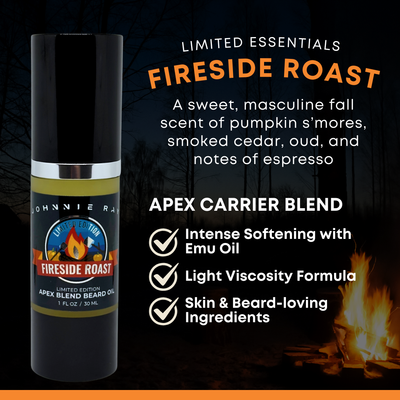 Fireside roast Apex beard oil with scent description and benefits. 