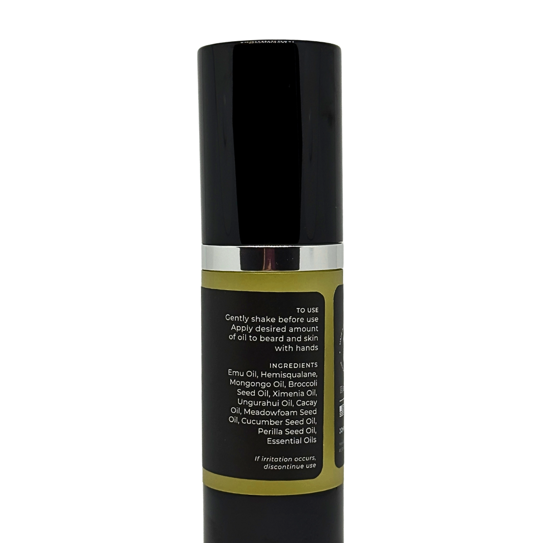 Beard oil bottle with black label on a white background