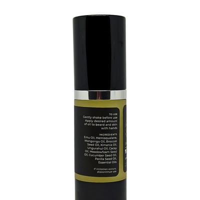 Beard oil bottle with black label on a white background