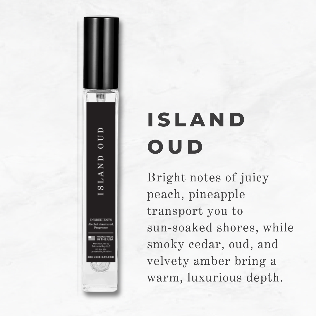 Island Oud cologne travel spray with text "Island Oud: Bright notes of juicy peach, pineapple transport you to sun-soaked shores, while smoky cedar, oud and velvety amber bring a warm, luxurious depth."