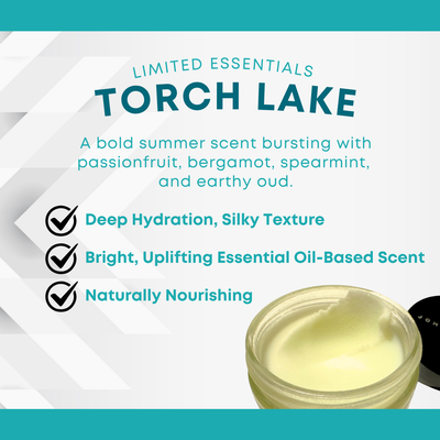 Jar of Johnnie Ray Torch Lake Beard Butter with text "A bold summer scent bursting with passionfruit, bergamot, spearmint, and earthy oud. Ultra-Lightweight Formula. Essential Oil Based Scent. 100% All Natural.