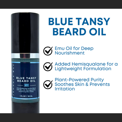 Bottle of Johnnie Ray Blue Tansy Beard Oil with black cap and text "Emu oil for deep nourishment, added hemisqualane for a Lightweight formulation, Plant-powered purity soothes skin and prevents irritation"