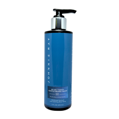 Black bottle of Johnnie Ray Blue Tansy Beard Wash with a blue label