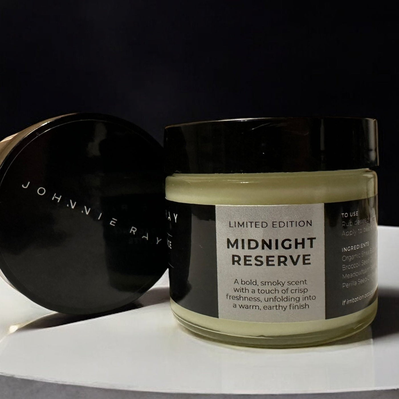 Johnnie Ray Midnight Reserve Beard Butter Close Up on a white surface and black background