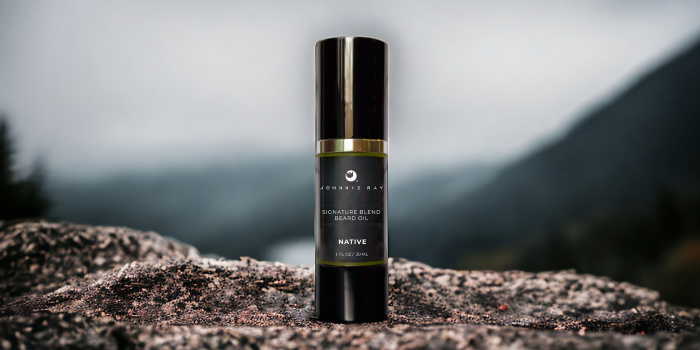 Johnnie Ray Native Beard Oil on a rocky landscape