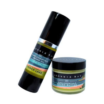 Bottle of Johnnie Ray Torch Lake Beard Oil and jar of Torch Lake Beard Butter