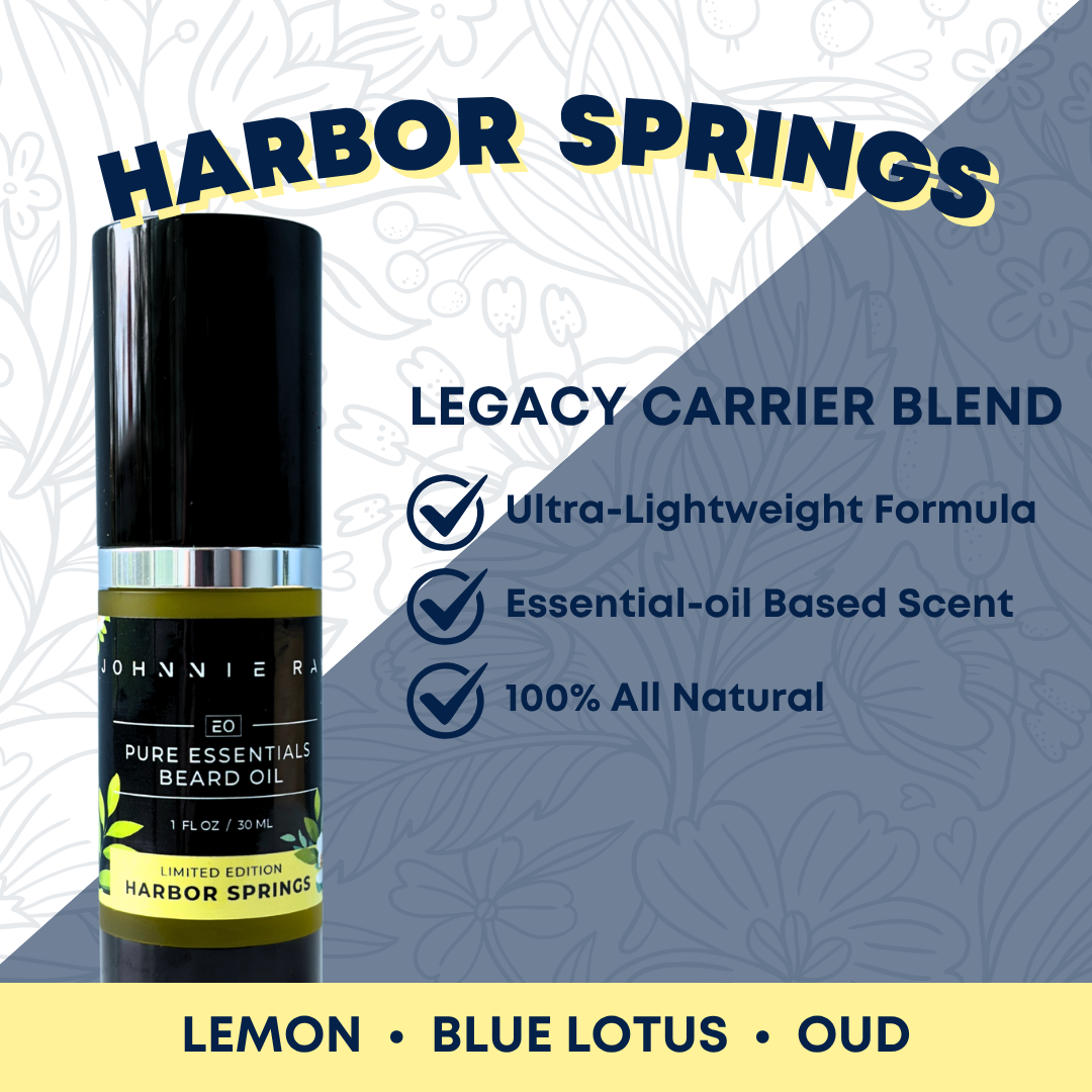 Beard oil bottle with 'Harbor Springs' branding and product features on a patterned background
