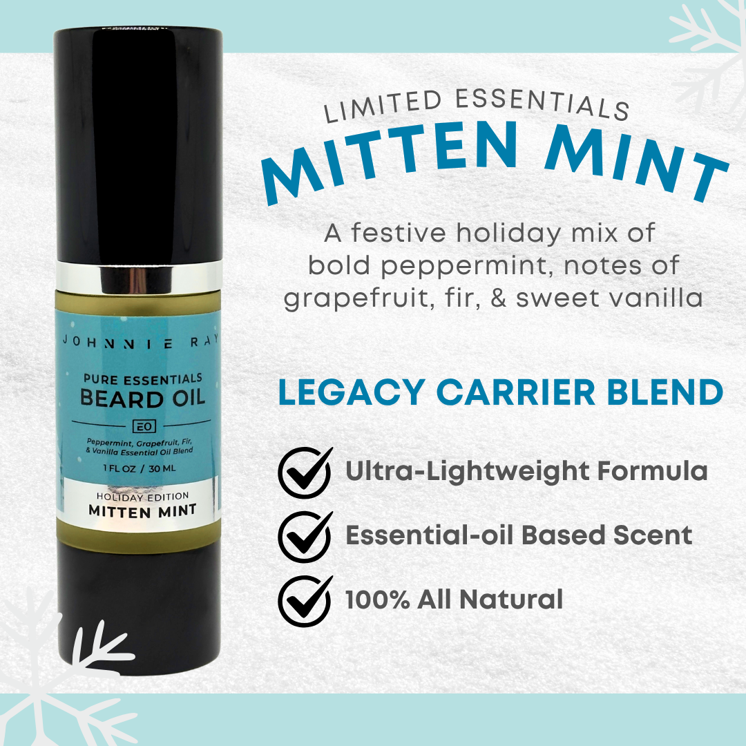 Johnnie Ray Mitten Mint beard oil with product details on a light blue background