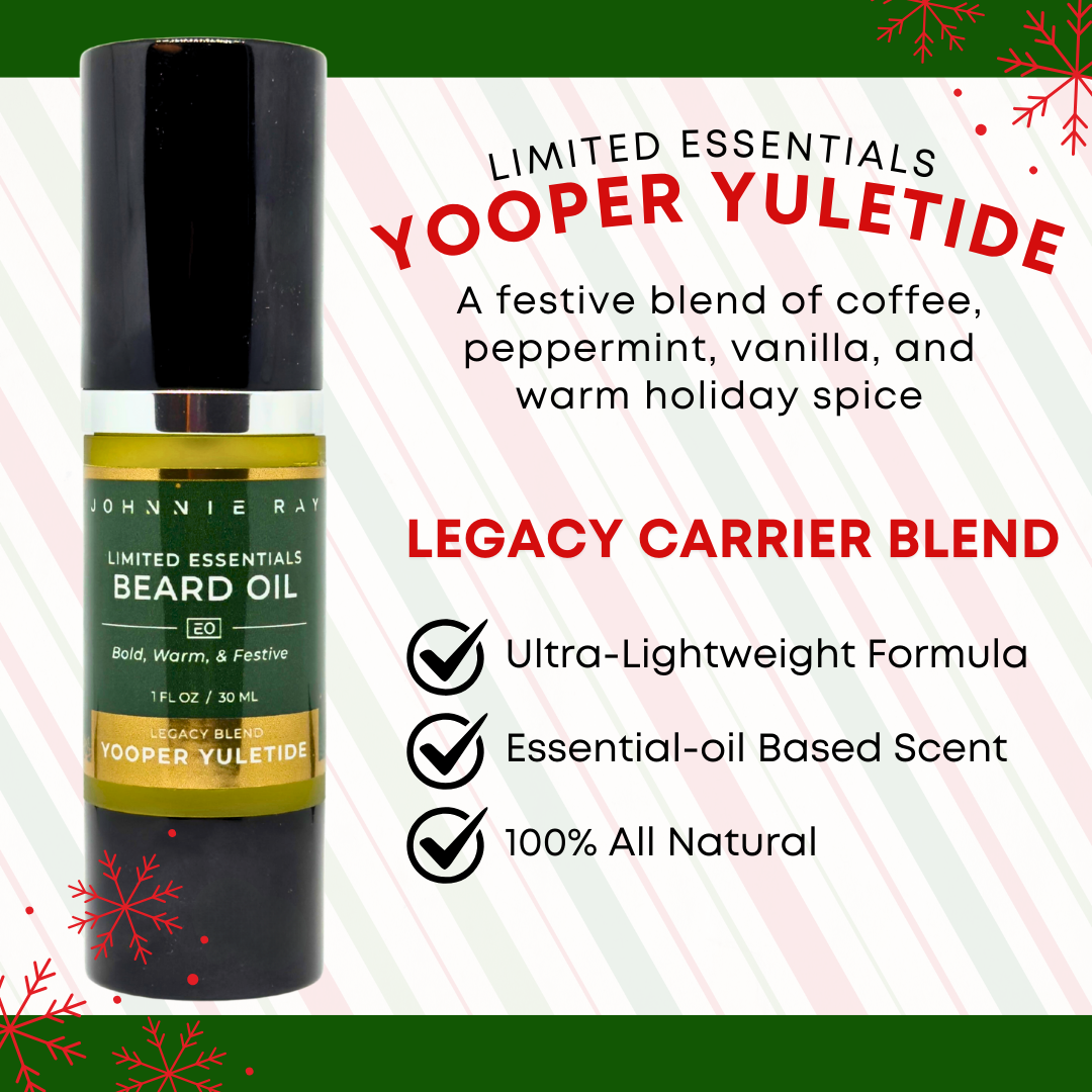 Bottle of Johnnie Ray Legacy Blend Yooper Yuletide Beard Oil and benefits