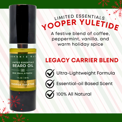 Bottle of Johnnie Ray Legacy Blend Yooper Yuletide Beard Oil and benefits