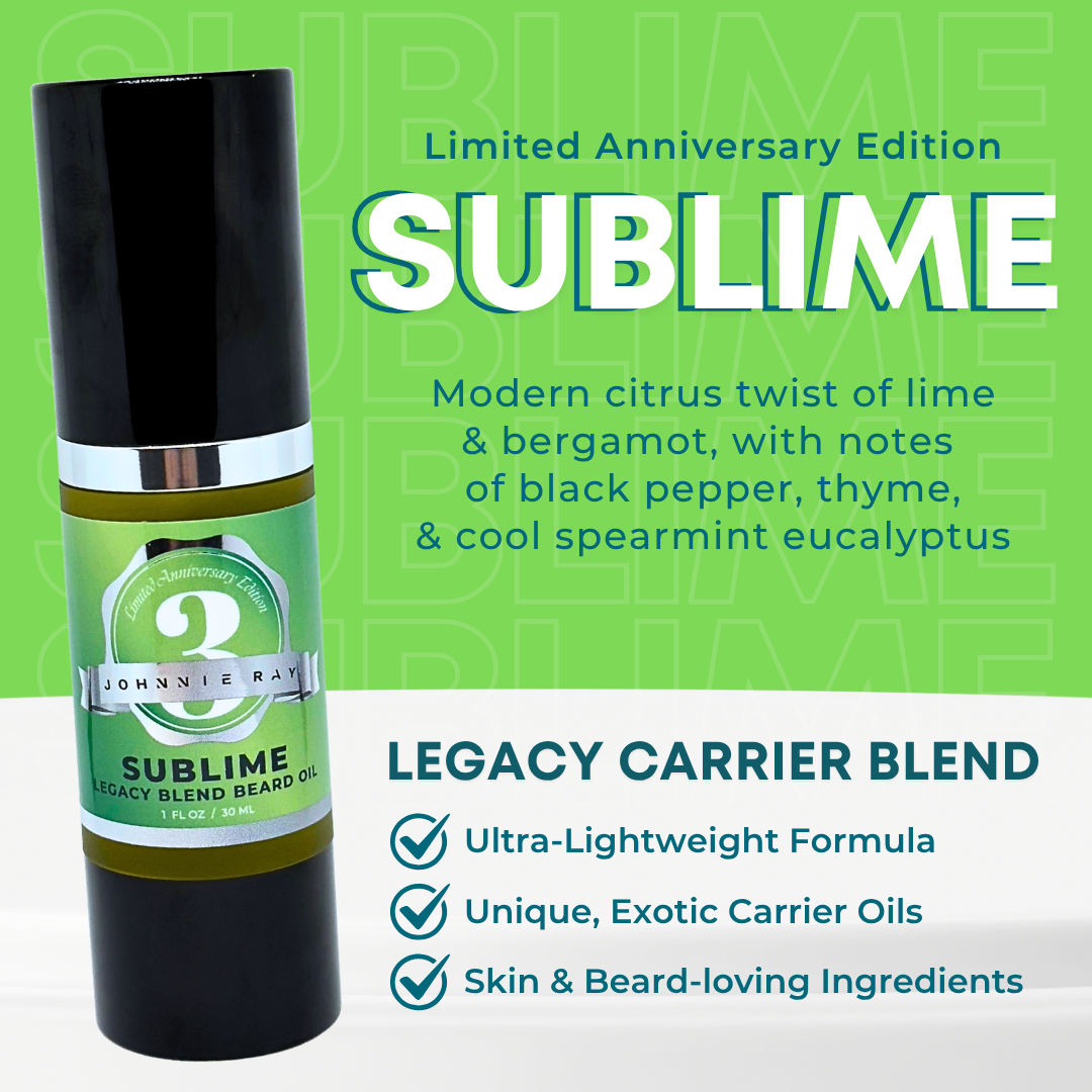 Johnnie Ray Sublime beard oil bottle with product details on a green background