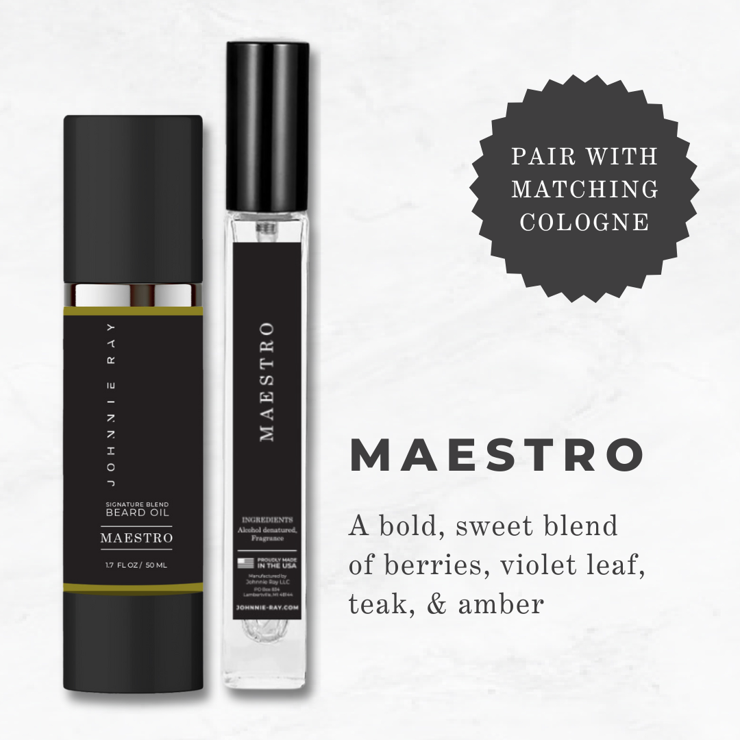 Johnnie Ray Maestro Beard Oil and travel size cologne with text "Maestro: A bold, sweet blend of berries, violet leaf, teak and amber; and Pair with Matching Cologne"