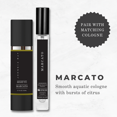 Johnnie Ray Marcato Beard Oil and travel size cologne with text "Marcato: Smooth aquatic cologne with bursts of citrus; and Pair with Matching Cologne"