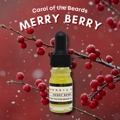 Bottle of 'Merry Berry' beard oil with a branch of red berries on a red background
