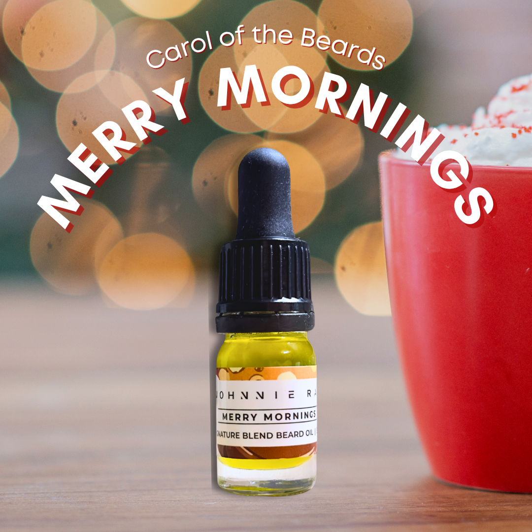 Bottle of 'Merry Mornings' beard oil with a red cup and blurred lights in the background