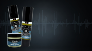 Two bottles and a jar of Johnnie Ray beard products on a dark background with sound wave graphics.