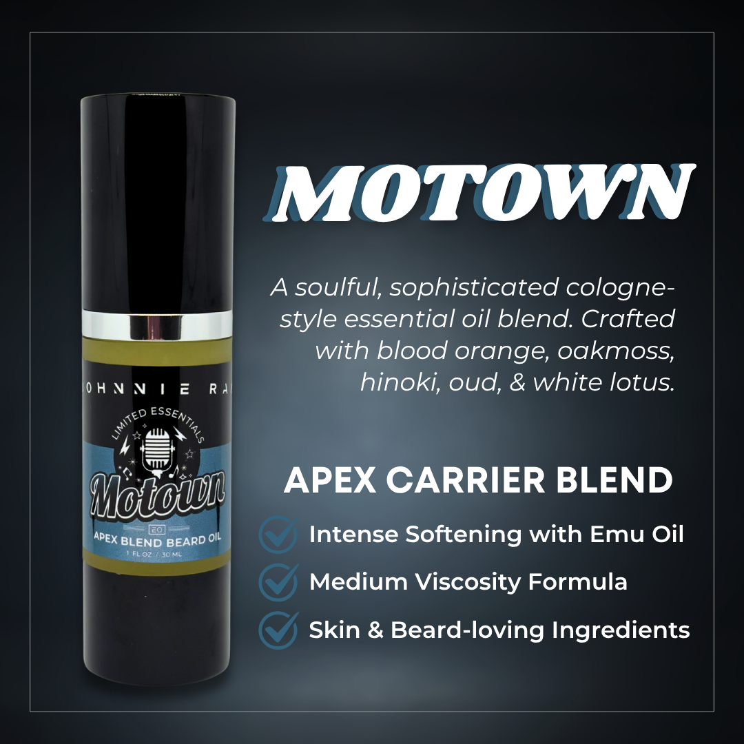 Johnnie Ray Motown Apex Carrier Blend bottle with product details on a dark background