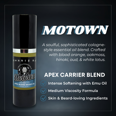 Johnnie Ray Motown Apex Carrier Blend bottle with product details on a dark background