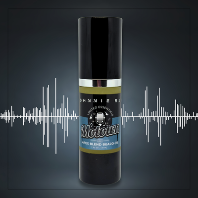 Bottle of Johnnie Ray Motown Apex Blend Beard Oil on a dark background with sound wave graphics.