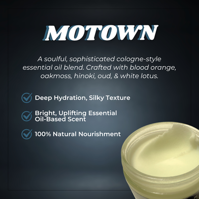Product packaging with 'MOTOWN' branding and essential oil blend description on a dark background.