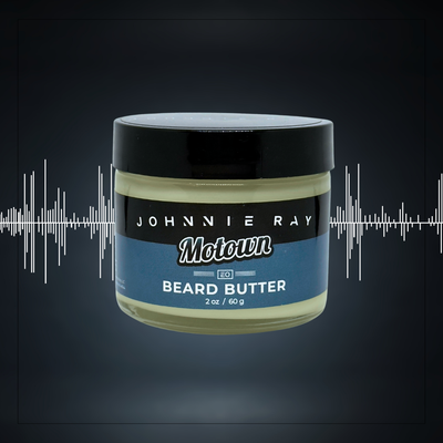 Johnnie Ray Motown beard butter jar on a dark background with sound wave graphics.