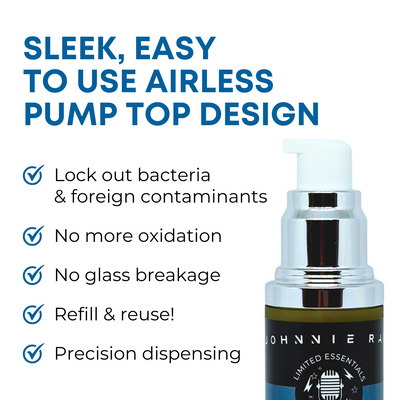 Airless pump top design with features listed on a white background