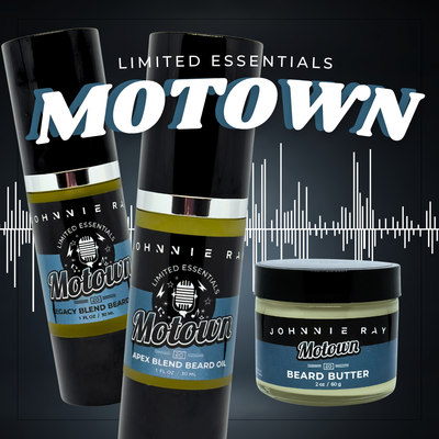 Johnnie Ray Motown beard care products on a dark background with audio wave graphics.