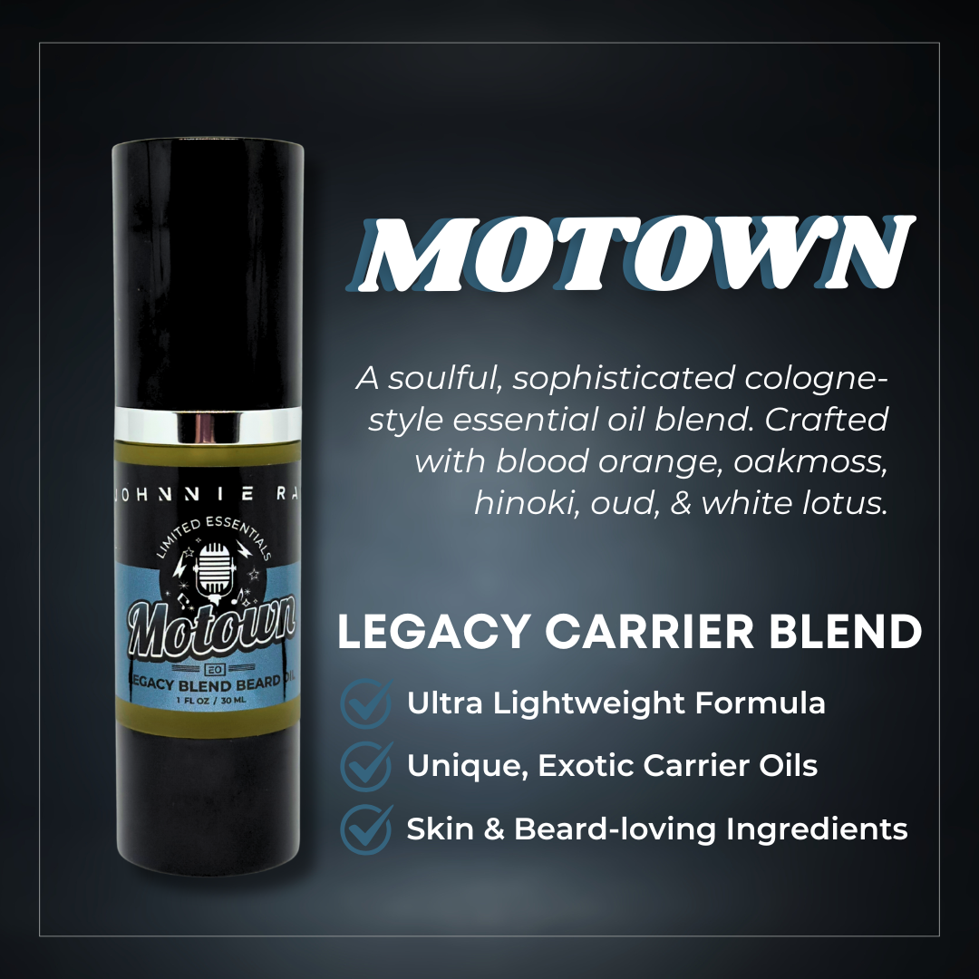 Motown cologne-style essential oil blend with product and description on a dark background