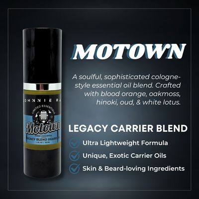 Motown cologne-style essential oil blend with product and description on a dark background