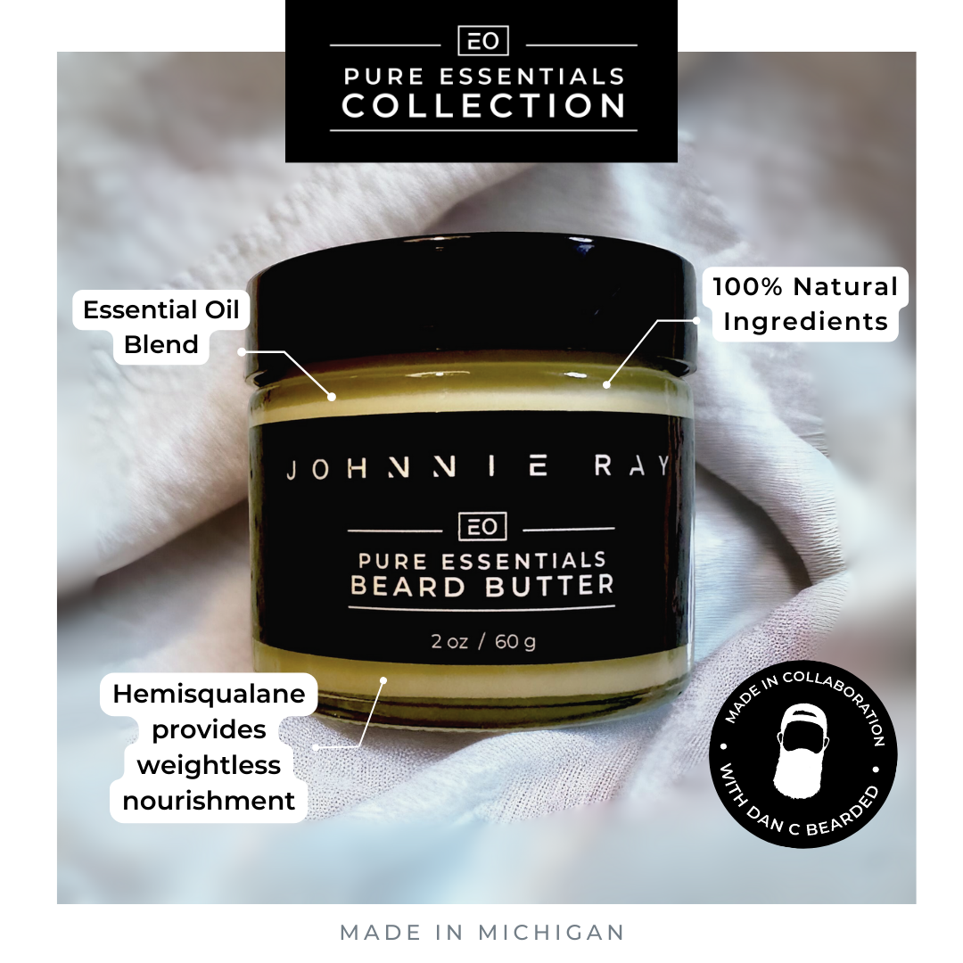 Pure Essentials Collection Graphic with a glass jar of Beard Butter on textured fabric and text "Essential Oil Blend" "100% Natural Ingredients" "Hemisqualane provides weightless nourishment" and "Made in Michigan"