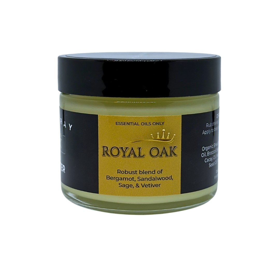Jar of Royal Oak Beard Butter showing the scent description on the label on a white background