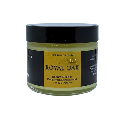 Jar of Royal Oak Beard Butter showing the scent description on the label on a white background