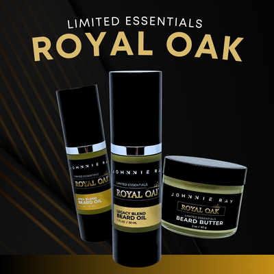 Johnnie Ray Royal Oak beard care products on a black background