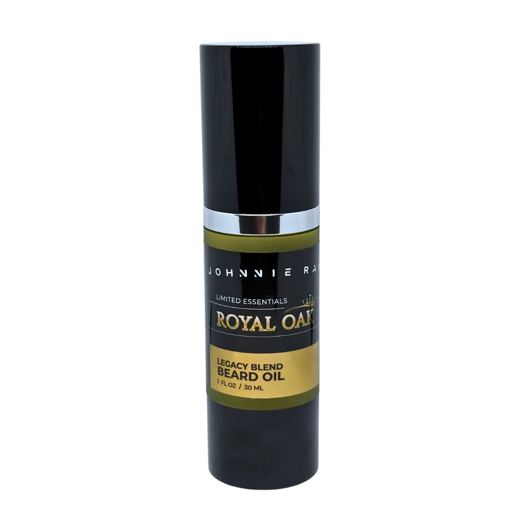 Black bottle of Johnnie Ray Royal Oak Legacy Blend Beard Oil on a white background
