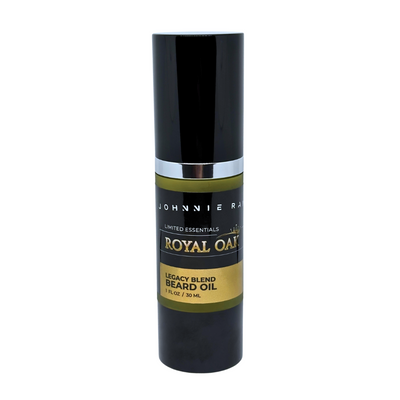 Black bottle of Johnnie Ray Royal Oak Legacy Blend Beard Oil on a white background