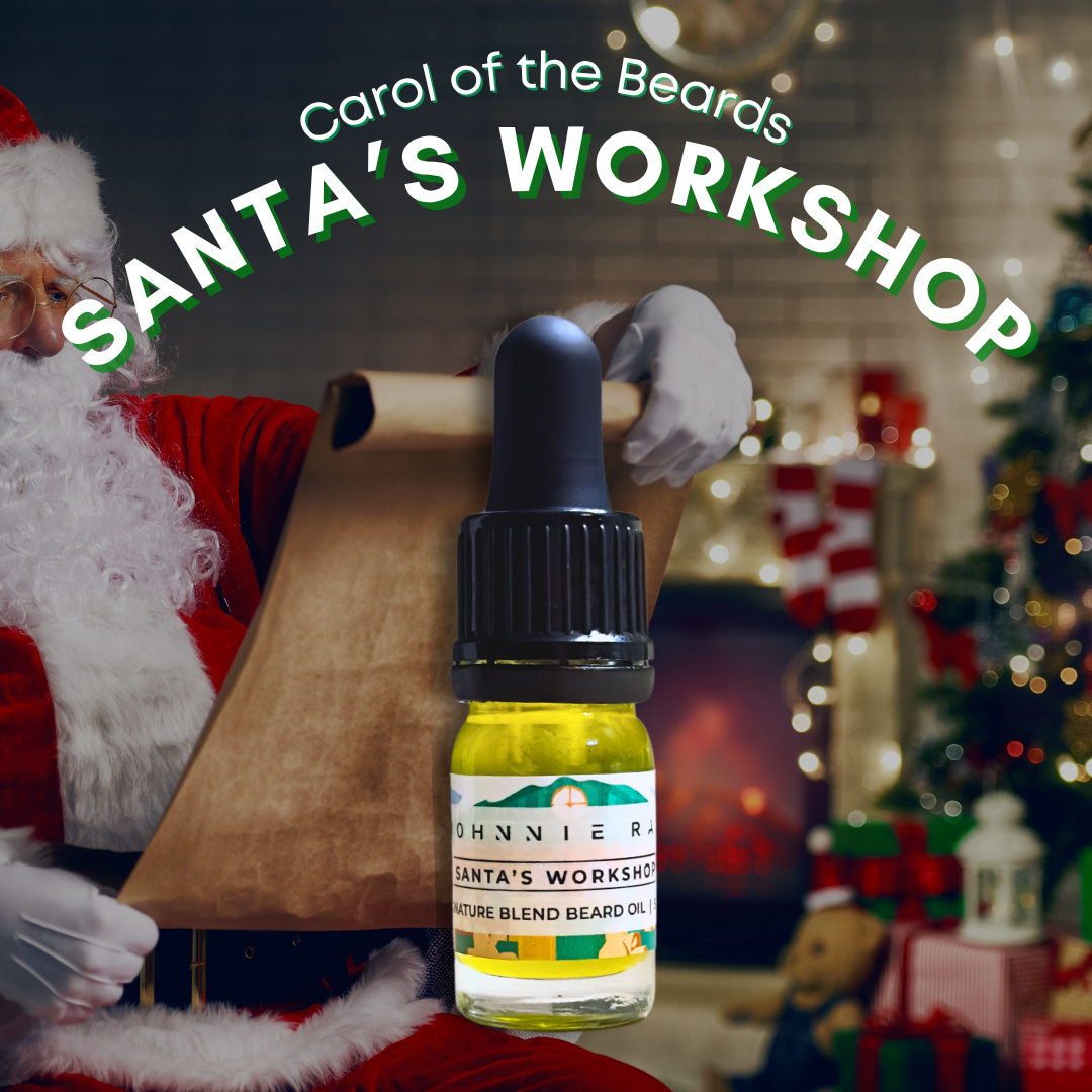 Bottle of Santa's Workshop beard oil in a festive setting.