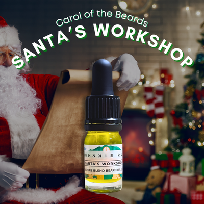 Bottle of Santa's Workshop beard oil in a festive setting.