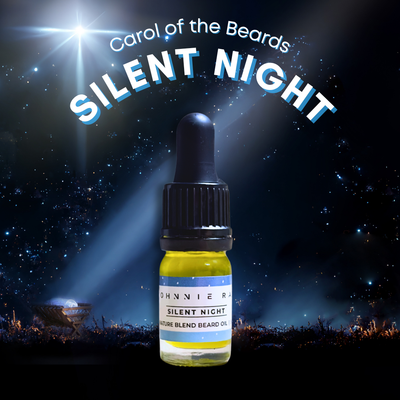 Bottle of Silent Night beard oil with a concert background