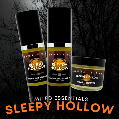 Sleepy Hollow beard care collection with forest background