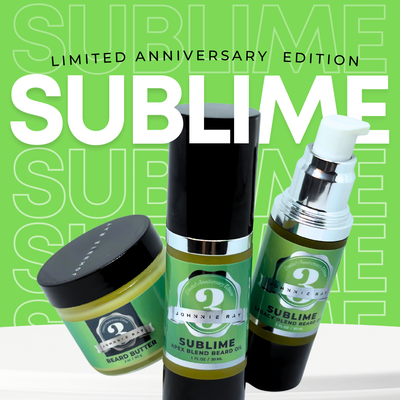 Three bottles of Sublime grooming products on a green background with 'Limited Anniversary Edition' text.