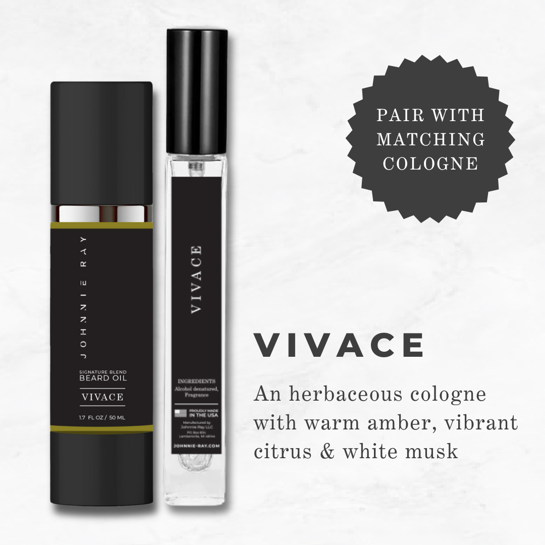 Johnnie Ray Vivace Beard Oil and travel size cologne with text "Vivace: An herbaceous cologne with warm amber, vibrant citrus and white musk; and Pair with Matching Cologne"